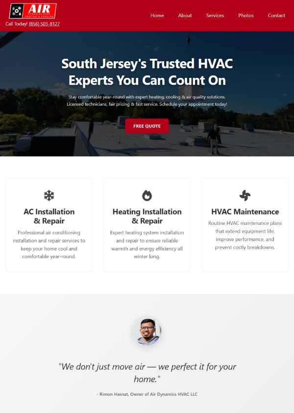 Air Dynamics HVAC website screenshot