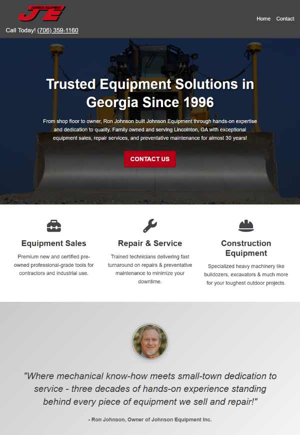 Screenshot of website for Johnson Equipment